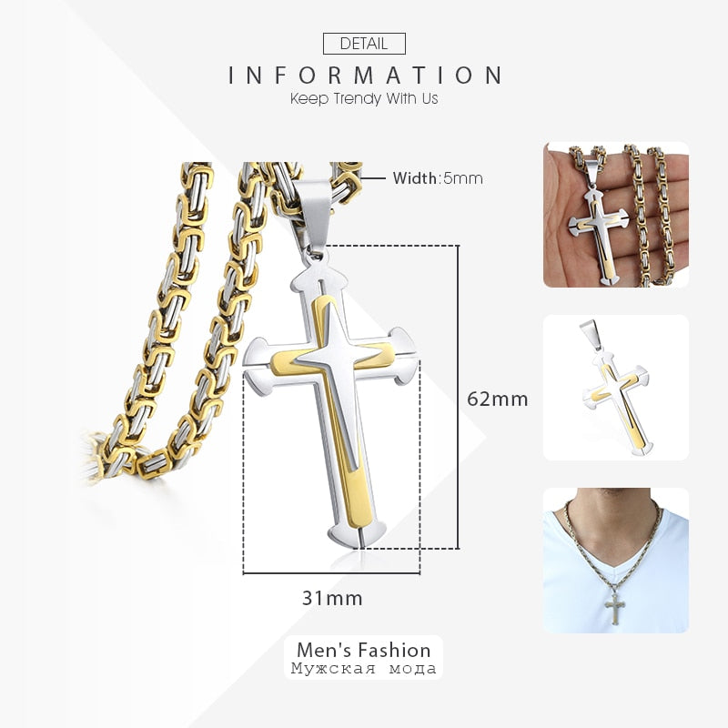 Men's Cross Necklace Gold Black Cross Pendant Stainless Steel Byzantine Chain Necklace Hip Hop Male Jewelry