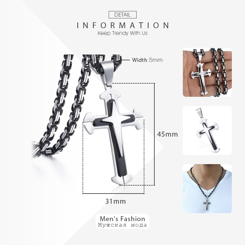 Men's Cross Necklace Gold Black Cross Pendant Stainless Steel Byzantine Chain Necklace Hip Hop Male Jewelry