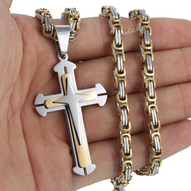 Men's Cross Necklace Gold Black Cross Pendant Stainless Steel Byzantine Chain Necklace Hip Hop Male Jewelry