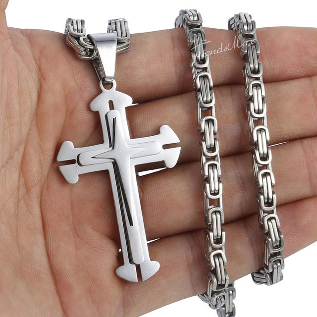 Men's Cross Necklace Gold Black Cross Pendant Stainless Steel Byzantine Chain Necklace Hip Hop Male Jewelry