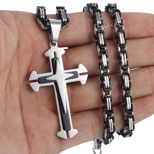 Men's Cross Necklace Gold Black Cross Pendant Stainless Steel Byzantine Chain Necklace Hip Hop Male Jewelry