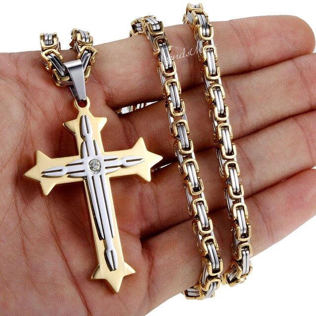 Men's Cross Necklace Gold Black Cross Pendant Stainless Steel Byzantine Chain Necklace Hip Hop Male Jewelry