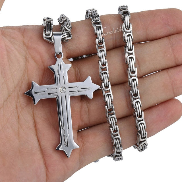 Men's Cross Necklace Gold Black Cross Pendant Stainless Steel Byzantine Chain Necklace Hip Hop Male Jewelry